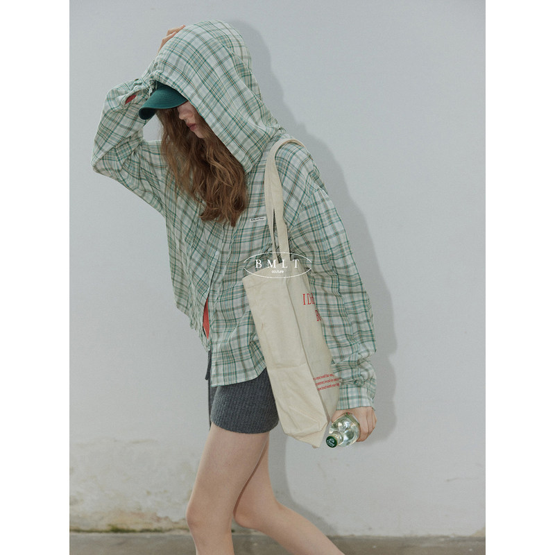 Bml [Warm Sunshine Tipsy] 100% Cotton Long-Sleeved Green Plaid Hooded Shirt with Loose Design and Sun Protection for Spring and Summer Women