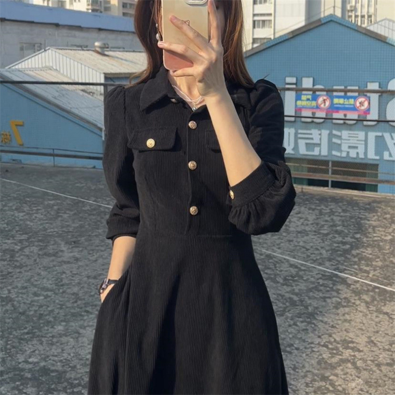 |Thickened 300+ Back Collar|Large Size Spring & Fall Hepburn Style Tea Break French Corduroy Long-Sleeved Dress |Thickened 300+ Back Collar|Large Size Spring & Fall Hepburn Style Tea Break French Corduroy Long-Sleeved Dress