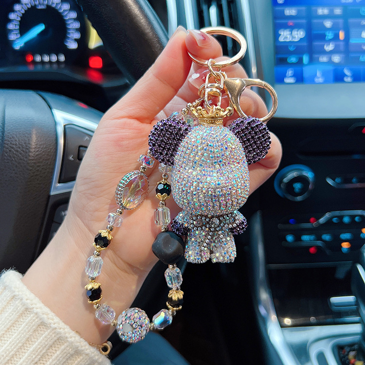 Creativo panda de diamantes a juego con cabeza grande, llavero de oso, cadena de cuentas personalizada, bolso de oso, colgante de bolso, colgante de coche, mujer
