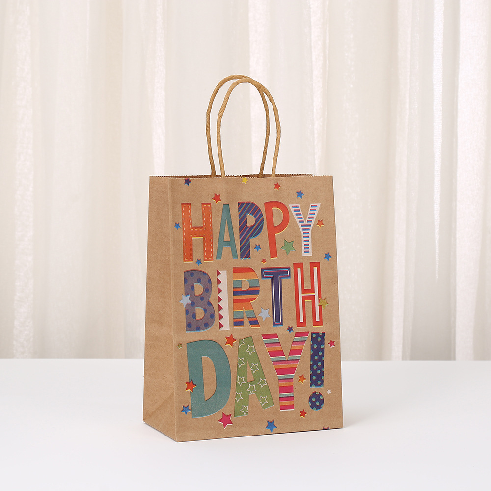Bolsas de regalo temáticas de feliz cumpleaños para envíos internacionales, bolsas de papel kraft, bolsas impresas, regalos para fiestas de cumpleaños al por mayor