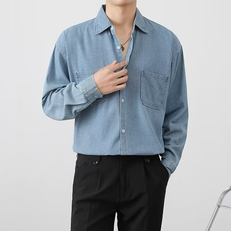 2026 Men's Denim Long-Sleeve Shirt, Autumn American Style Trendy Shirt, Loose Fit, Casual Jacket for Teenagers, New Model