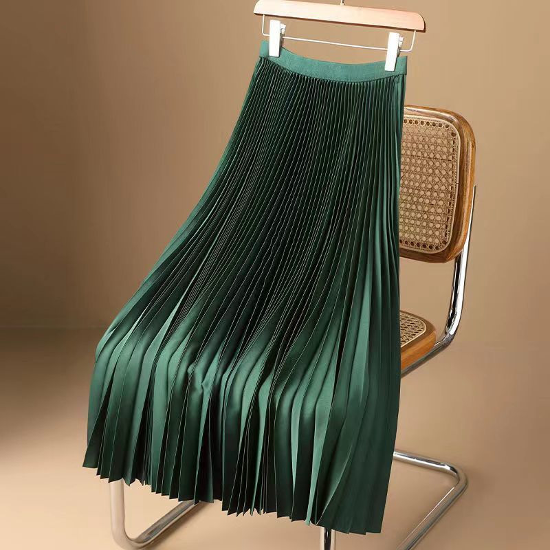 Cross-border Satin Solid Color Pleated Skirt 2024 Summer Thin Mid-length Over-the-knee High Waist A- line Skirt Skirt