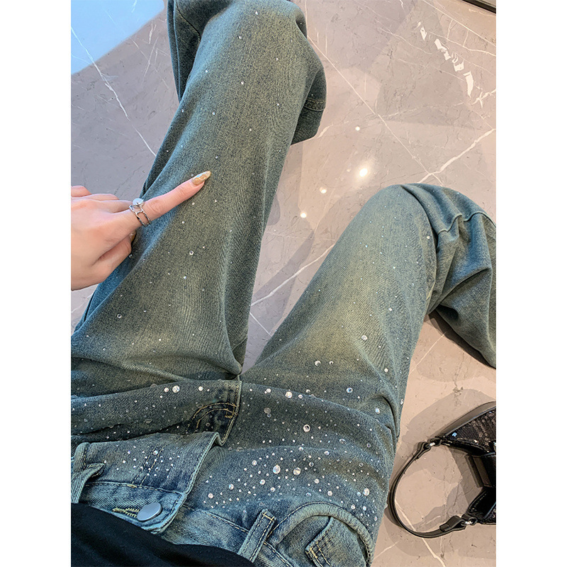European Station Spring and Summer New Rhinestone Gradient Gradient Washed silver Chain Small UFO Small Straight Jeans