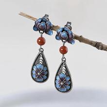 牡丹花烧蓝花丝耳钉S925银手工饰品民族风复古玉石耳环女耳坠