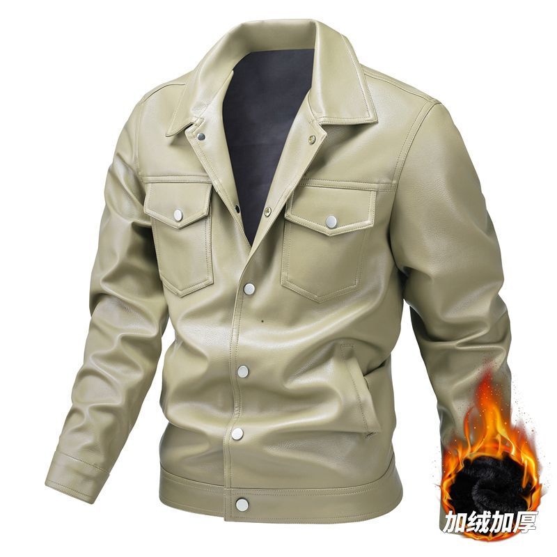 Men's Lapel Collar Autumn and Winter Casual New Leather Jacket Short Motorcycle Slim-Fit Jacket Korean Style with Fleece