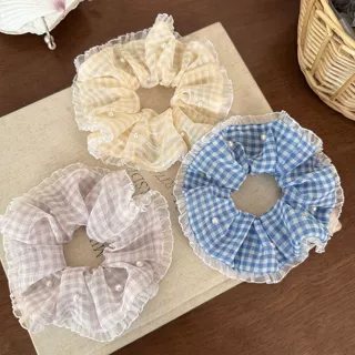 韩系学院风格子网纱花边大肠发圈慵懒风精致百搭发绳头饰扎头发绳