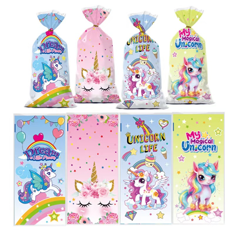 Cross-border arco iris unicornio bolsa de dulces impresión de dibujos animados opp pidiendo bolsa de azúcar bolsa de embalaje de pan de plástico