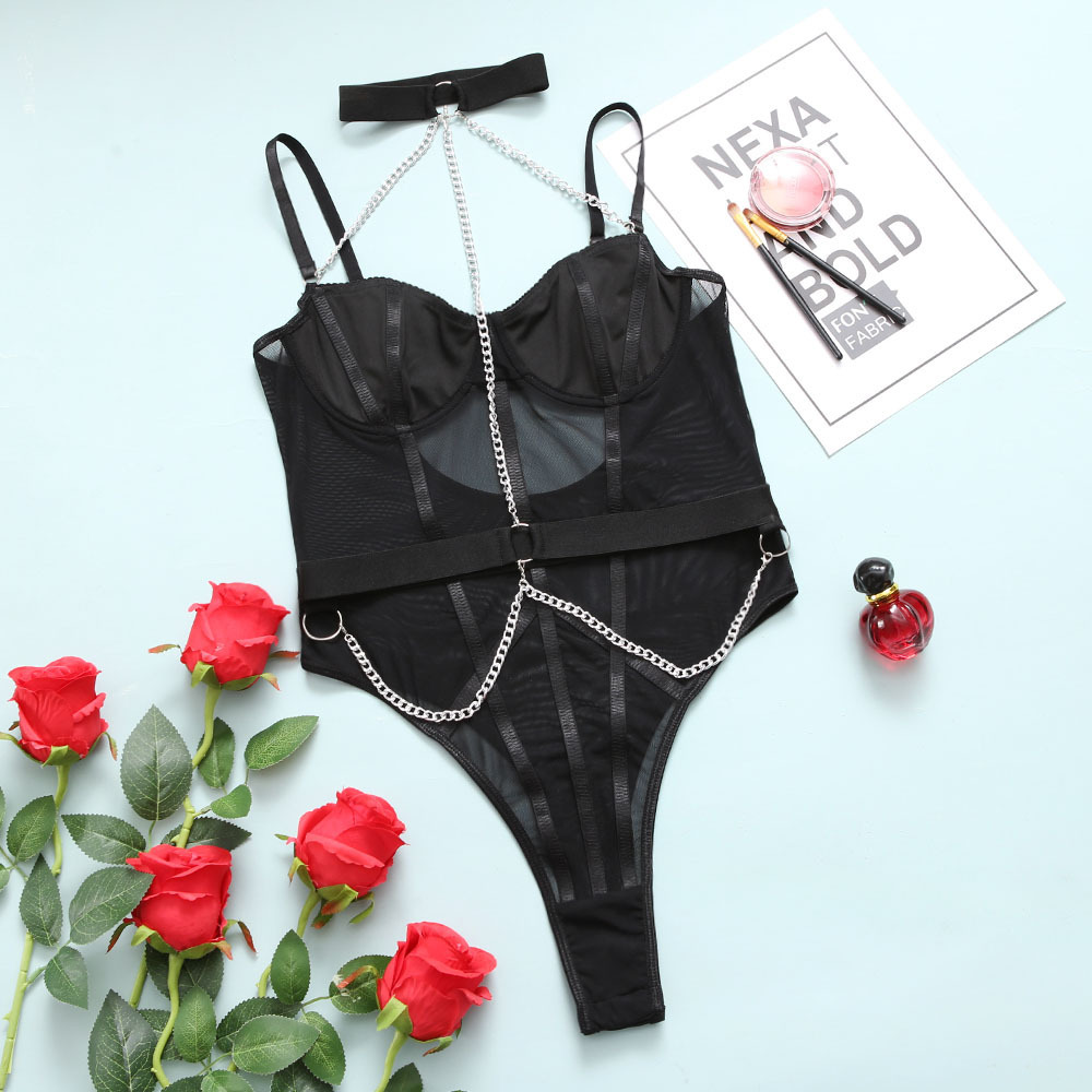 New Sexy Metal Chain Collar Black Dacron Jumpsuit display picture 2