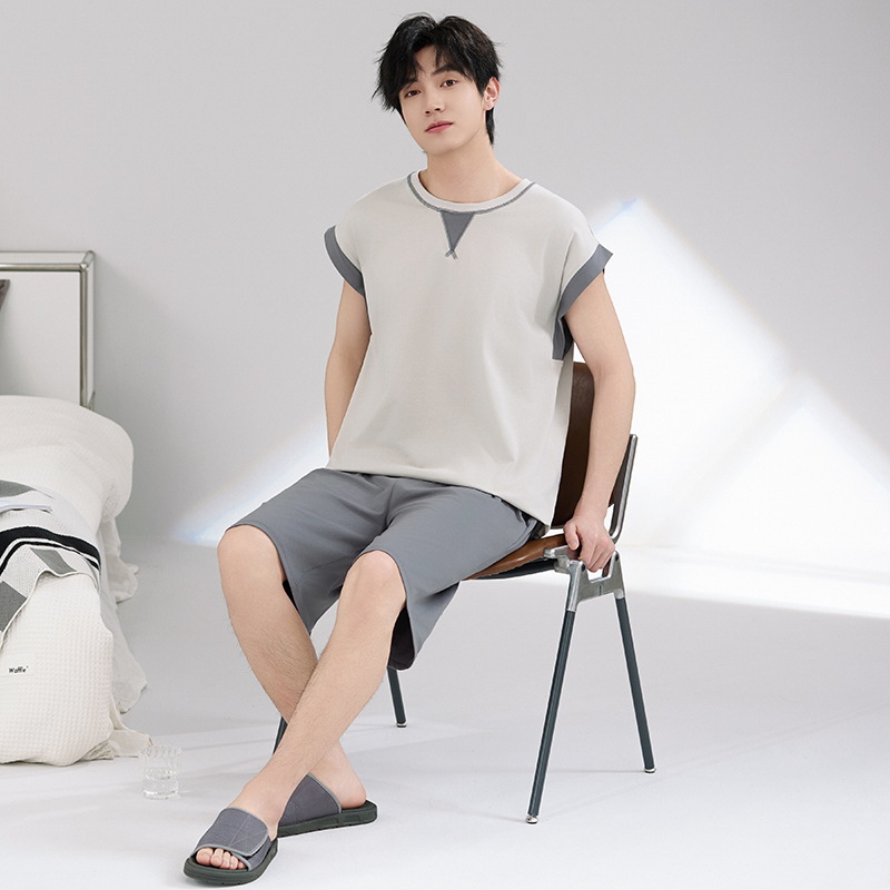 Pijamas Chaleco para hombre Verano sin mangas Pantalones cortos para hombre Simple Adolescente Verano fresco Cool Algodón Conjunto de ropa para el hogar