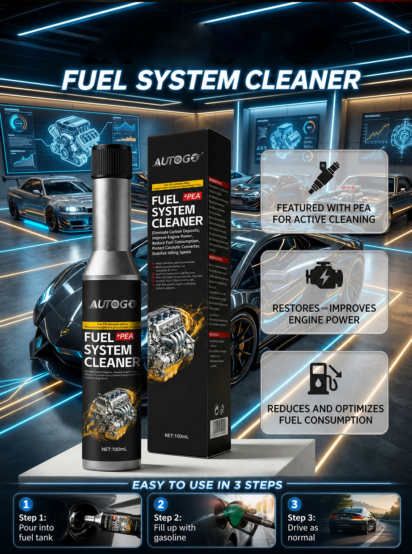 AUTOGO Car Fuel Cleaner - Concentrated Fuel Carbon Deposit Remover to Boost Power and Eliminate Carbon Deposits
