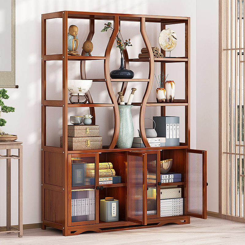 Bookshelf, Non-solid Wood, New Chinese-style Tea Rack Display Cabinet, Teahouse Storage Shelf, Multi-treasure Cabinet for Tea Sets, Living Room Decorative Item, Banyan Tree