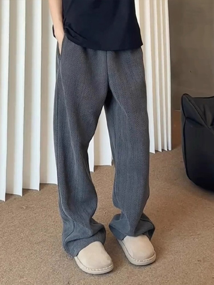 Gray American Retro Zebra Print Curved Hem Sweatpants for Men, Autumn Cleanfit Lazy Style Pants, Heavy Wide-Leg Pants