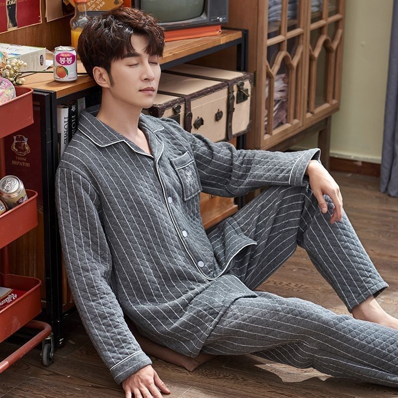 Pajamas de algodón para hombres otoño y invierno engrosados y sueltos más grandes aire mezclado conjunto de ropa para el hogar