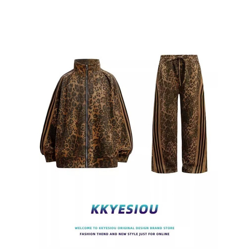American Style Trendy Brand Leopard Print Design Sense Sweater suit Men's and Women's Autumn and Winter Loose Retro Niche Collar Cardigan Jacket Trendy