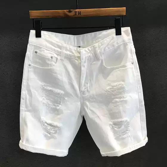 2023 New Hong Kong Style Streetwear Distressed White Denim Shorts for Men Casual Trendy Summer Ripped Hole Cutoff