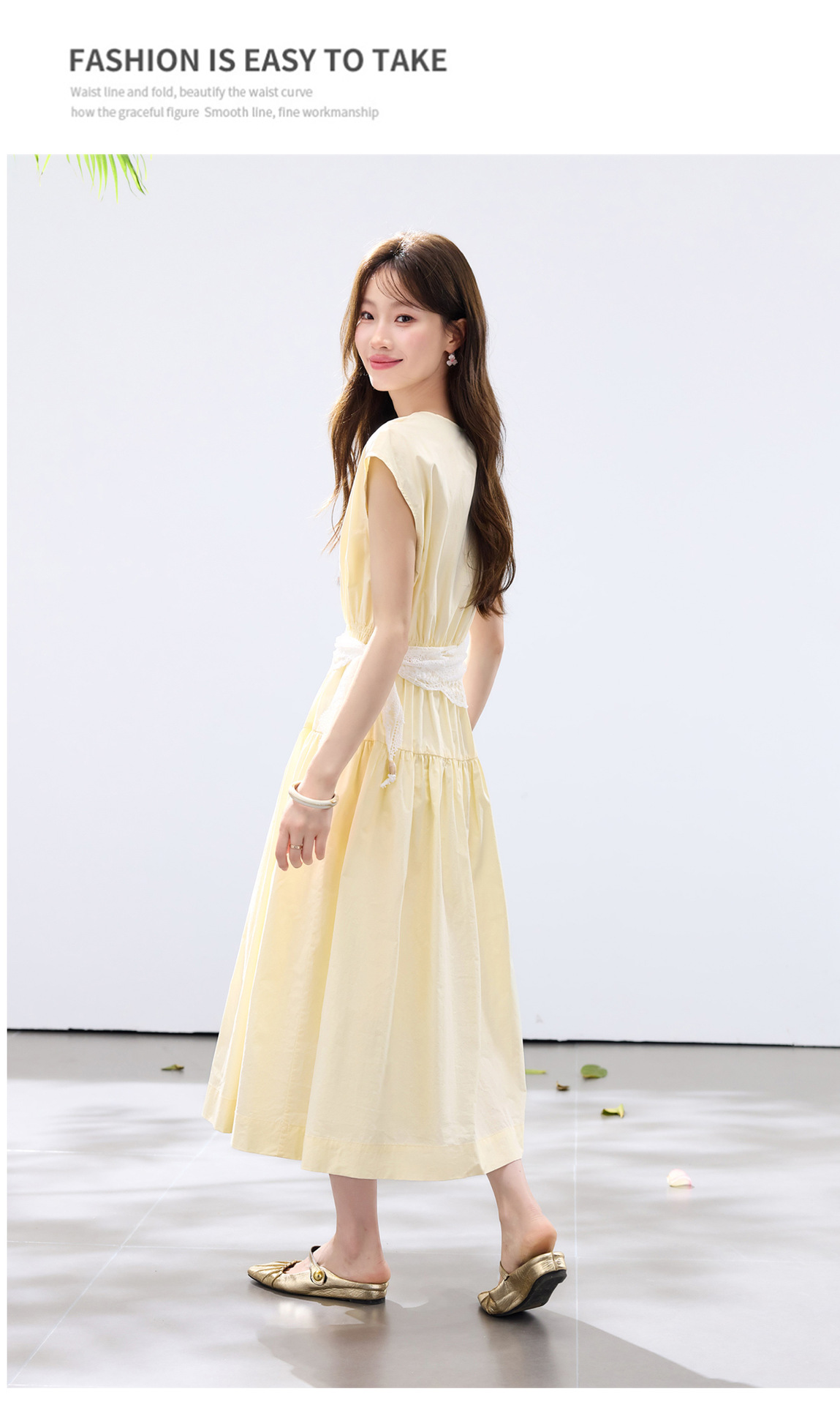 Đầm suông midi tay ngắn A chữ, kèm khăn choàng ren, dáng suông che khuyết điểm — màu trắng, màu vàng chi tiết 26