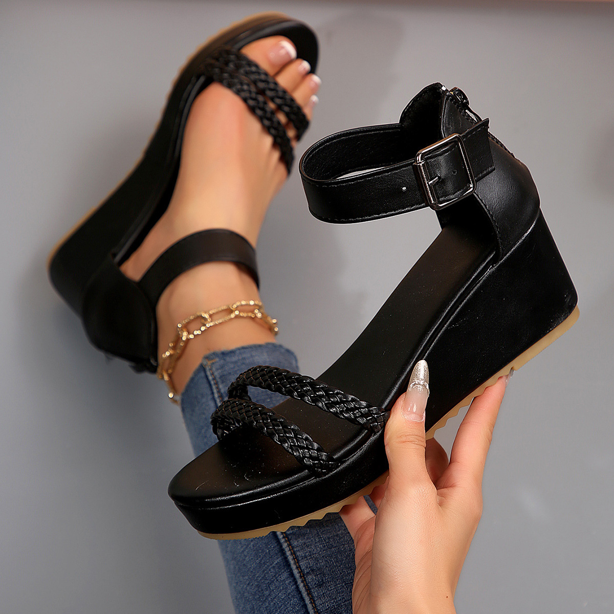 Women's woven casual comfortable sandals platform wedge heel made of…