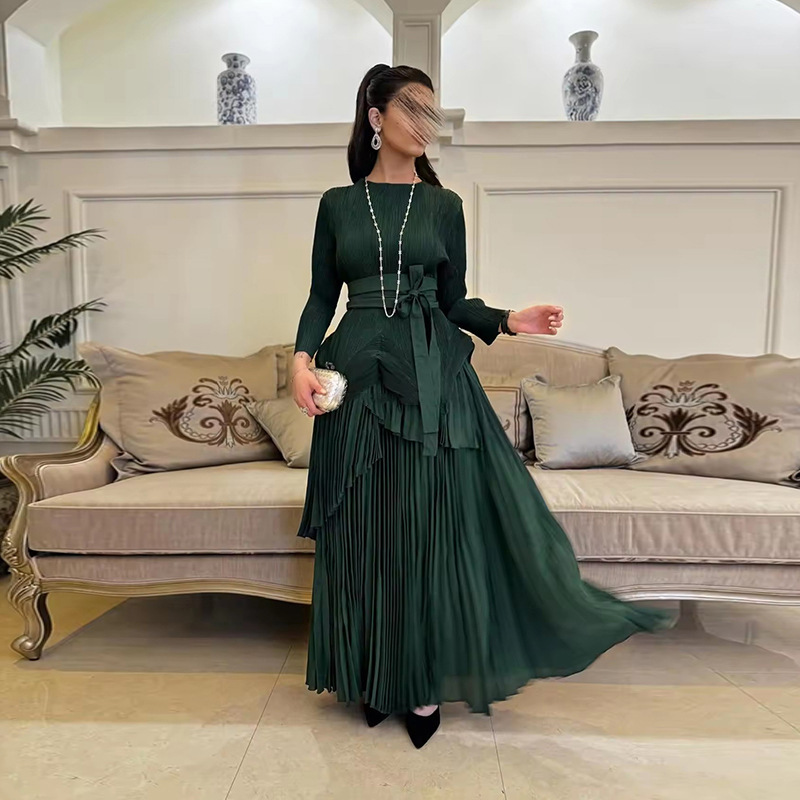 Vêtements pour femmes grande jupe cravate plissée taille haut costume deux pièces vêtements pour femmes automne nouvelle couleur unie_voghion.com