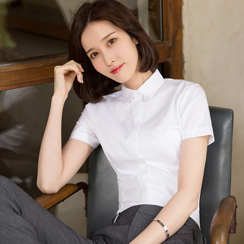 優柏白シャツ女性半袖工装夏職業OL正装2024韓国版修身白シャツ作業服|undefined