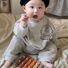 韩版ins童装婴幼儿宝宝秋季新款涂鸦卡通人头卫衣裤子套装两件套