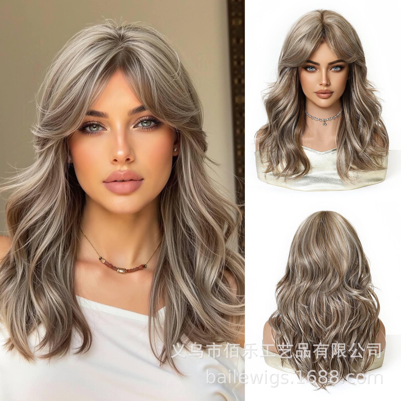 Peruca de cabello para mujer, cabello marrón medio largo rizado de 16 pulgadas, modelo de franja de seda de alta temperatura, exclusivo transfronterizo
