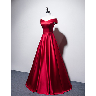 Evening Dress 2023 New Wine Red Simple and Generous Toast Dress Bride New Banquet Off-shoulder Evening Dress for Women