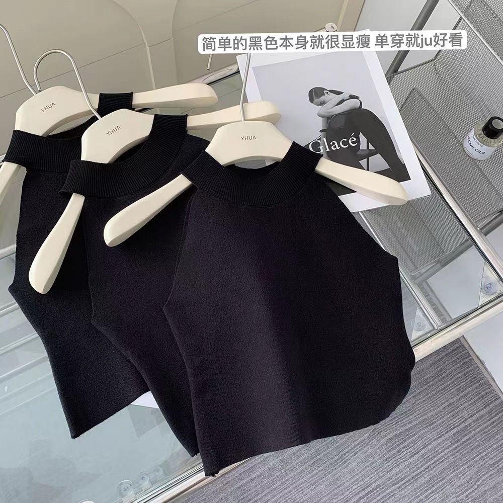 Verano de las niñas nuevo Chaleco Corto Negro estilo coreano slim fit Halter de los niños medianos y grandes color sólido a juego moda
