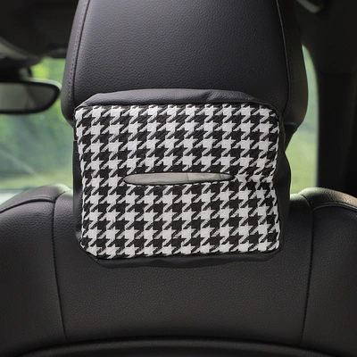 Houndstooth car tissue box knitted leather car seat hanging paper box multifunctional car tissue box (Car tissue box/set) - knitted-houndstooth-simple-black-and-white-parquet-tissue-box