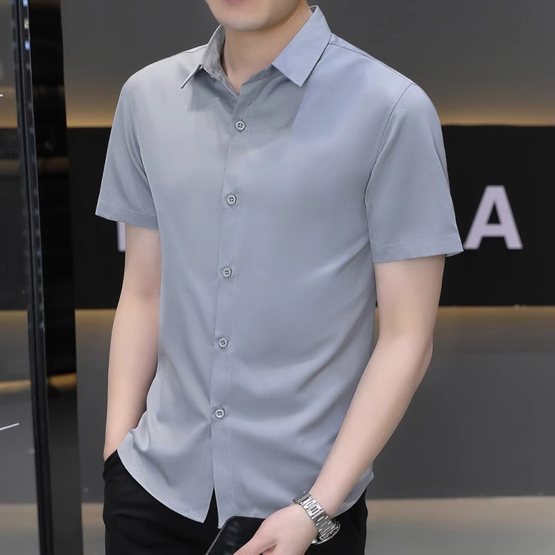 氷糸黒シャツ男性半袖夏の薄い弾力シャツ男性用アイロンフリービジネスカジュアルtシャツ|undefined