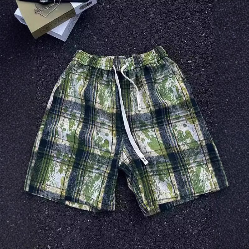 Karierte Herren-Shorts im Batik-Look – Vintage Americana Style (Blau/Grün, Polyester, atmungsaktiv, 12,7 cm Innenbeinlänge, M-3XL, Streetwear, Strandtauglich)_voghion.com