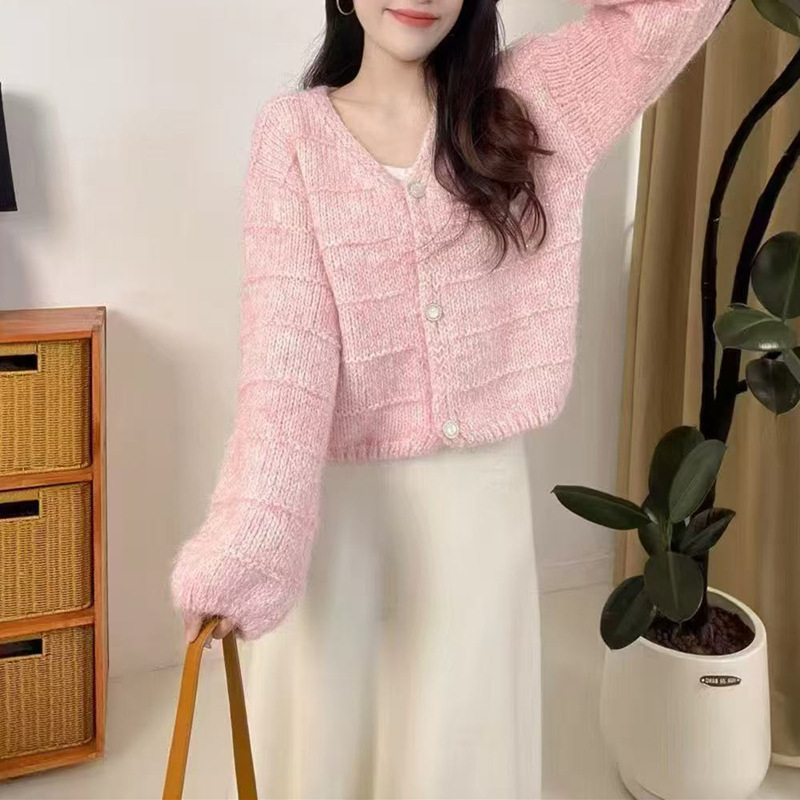 软糯纯色灯笼袖V领针织衫外套女2025秋冬款韩系慵懒风针织衫上衣|undefined