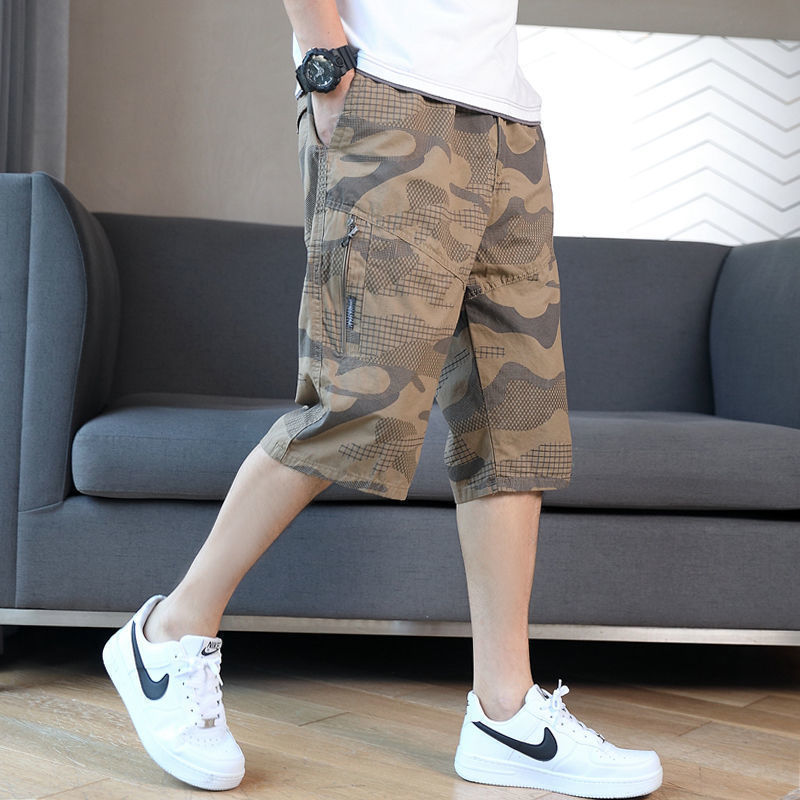 WZXSK Summer Loose Camouflage Cropped Pants Men's Thin Casual Beach Over-the-knee Six-point Shorts Pure