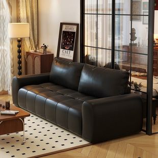 Leather Sofa Black Living Room Italian Style Minimalist Light Luxury Home Retro Small Apartment Rent Straight Sofa