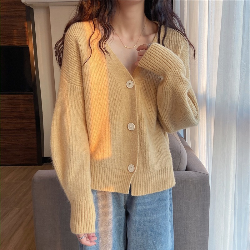 French V-Neck Candy Color Long Sleeve Cardigan Women's Loose Knit Sweater Coat Casual Elegant Outerwear_ecoleips.com