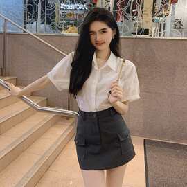 夏季百搭白色衬衫女外穿短袖上衣女洋气美式复古百搭学生宽松衬衣