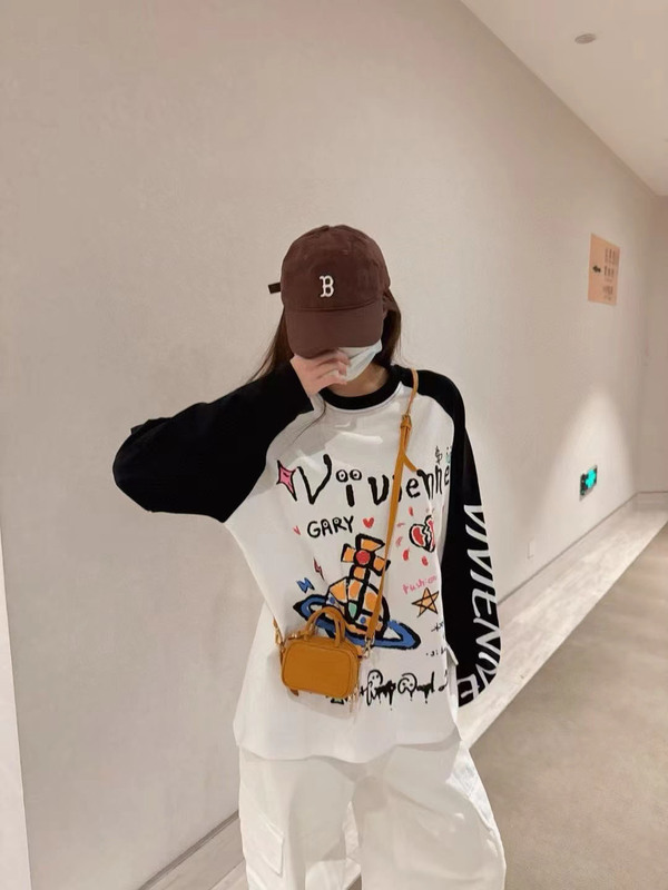 高端女装潮牌小众土星涂鸦插肩袖男女情侣款宽松圆领长袖T恤上衣|undefined