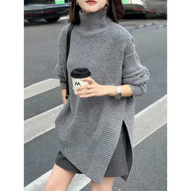 秋冬中长款高领毛衣女款2025新款冬季慵懒高级感不规则开叉针织衫