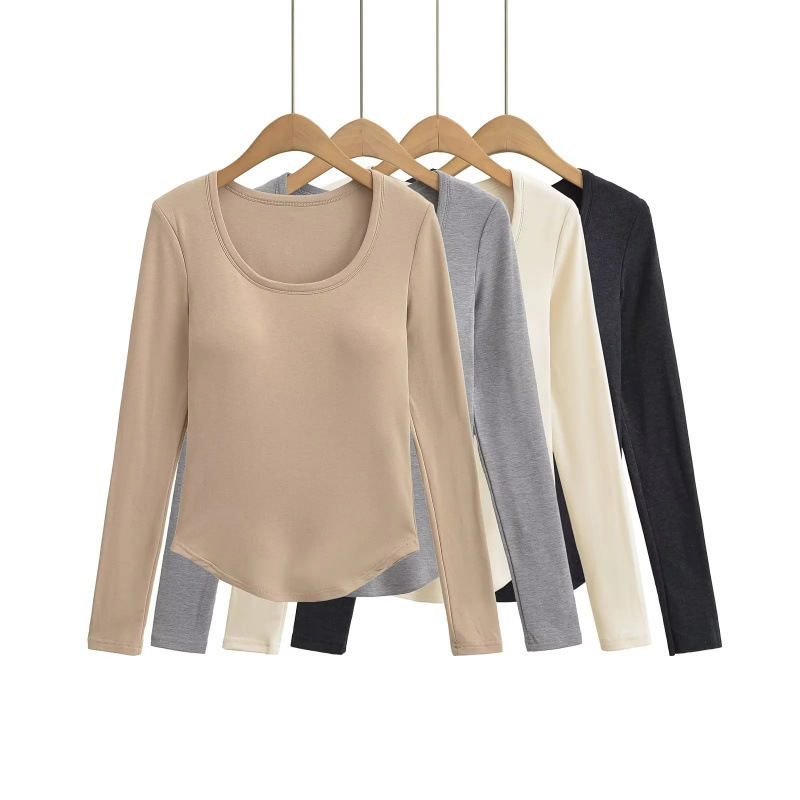 2024 Autumn Spicy 10 Sister Pure Low U Tie Chest Pad Long Sleeve T-shirt Women's American-style Slim Fit Curved Slim Base Top