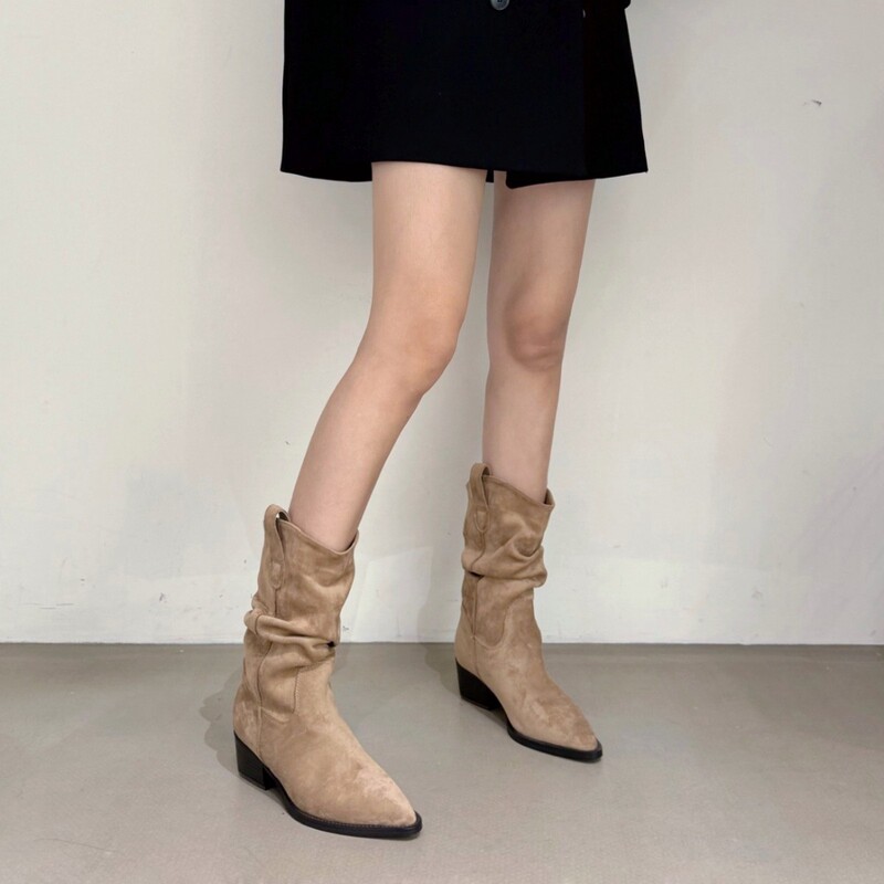 复古尖头短筒堆堆靴女鞋2025新款骑士靴西部瘦瘦靴尖头粗跟马丁靴|undefined