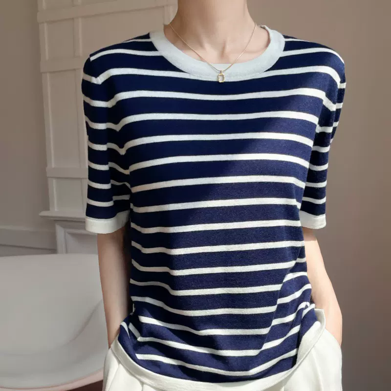 春夏款条纹新款拼色减龄圆领条纹短袖莱赛尔羊毛针织衫女T恤半袖