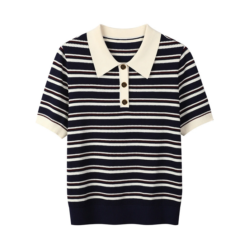 Design Sense Polo Short-sleeved Striped Sweater Women's Summer New 2025 Elegant Age-reducing All-match Slimming Top