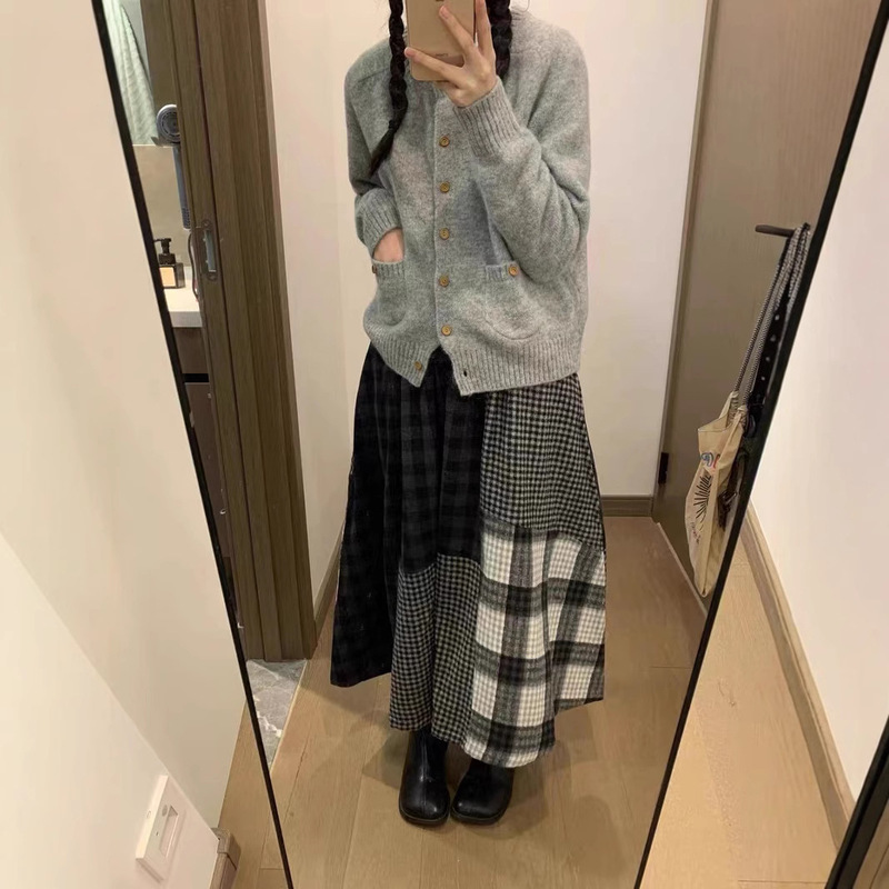 Japanese Style Retro Wool Skirt Winter Irregular A Version Heavy Industry Plaid Stitching Half Skirt High Waist Slimming Long Skirt Japanese Style Retro Wool Skirt Winter Irregular A Version Heavy Industry Plaid Stitching Half Skirt High Waist Slimming Long Skirt