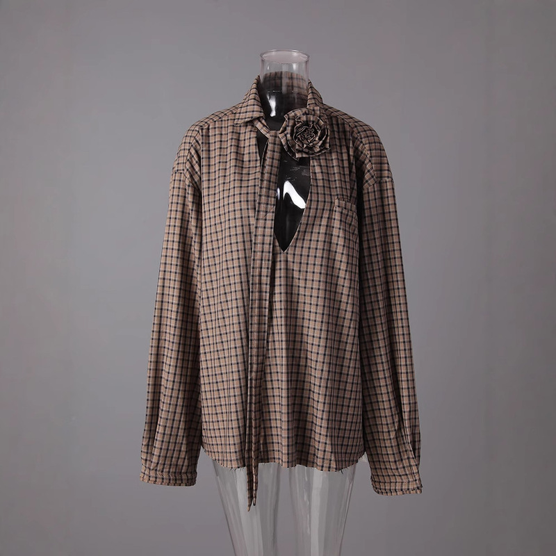 Korean Niche Design Plaid Shirt for Women Retro Casual Long-Sleeved Ribbon Flower Decoration Brown Shirt Jacket