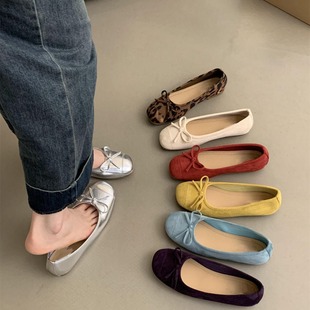silver Shallow Mouth Single-layer Shoes Women's Spring and Autumn French Retro Bean Shoes Women's Flat Red Milk Shoes Gentle Fairy Ladyshoes