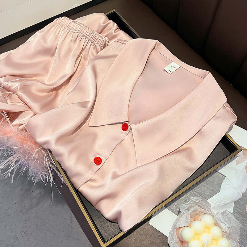 Spring and Autumn Silk Pajamas Women's Ostrich Feather Sleeves Temperament Long Sleeve Mulberry Silk Feel Home Clothes Set