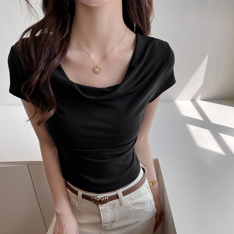 工厂韩系chic堆堆领短袖t恤女夏修身显瘦纯色正肩一字领打底上衣