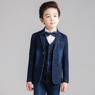 Boys' Suit Children's Small Suit Set Denim Jacket Three-Piece Flower Children's Dress Big Children's Summer Casual