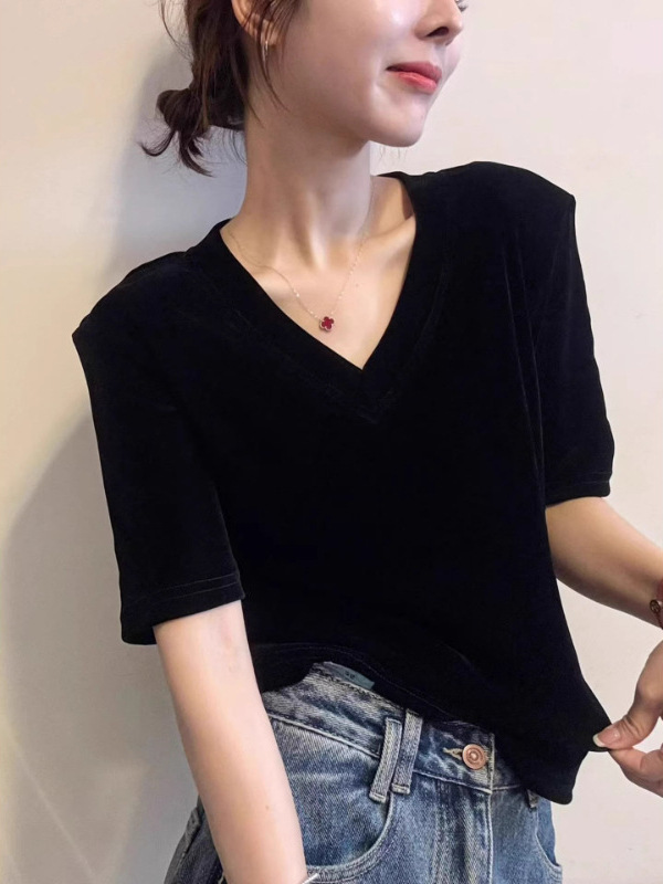 金丝绒垫肩短袖T恤女欧洲站2025早秋新款欧货女装修身打底小衫潮|undefined