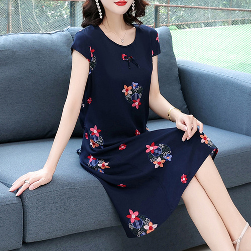 2025 New Plus Size Pure Cotton Silk Dress for Women 40-50 Years Old, Mother's Summer Outfit Artificial Cotton Skirt