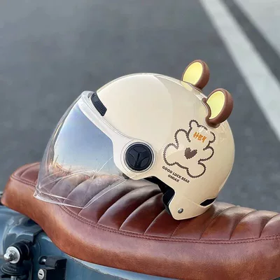 Motosiklet kaskı (dəbilqə) – helmet, motorcycle safety helmet - brown-bear-off-white-high-definition-transparent-long-lens-ears-3c-certified-rainproof-one-size-fits-all-unisex-head-circumference-53-60cm